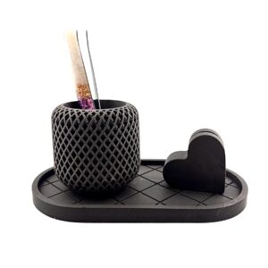 Ensemble bureau en Jesmonite noir -plateau quadrillé, pot à crayon et support photo cœur