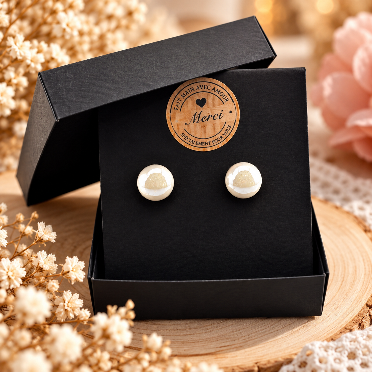 Boucles d’oreilles clous en pierre naturelle – Blanc nacré – Image 5